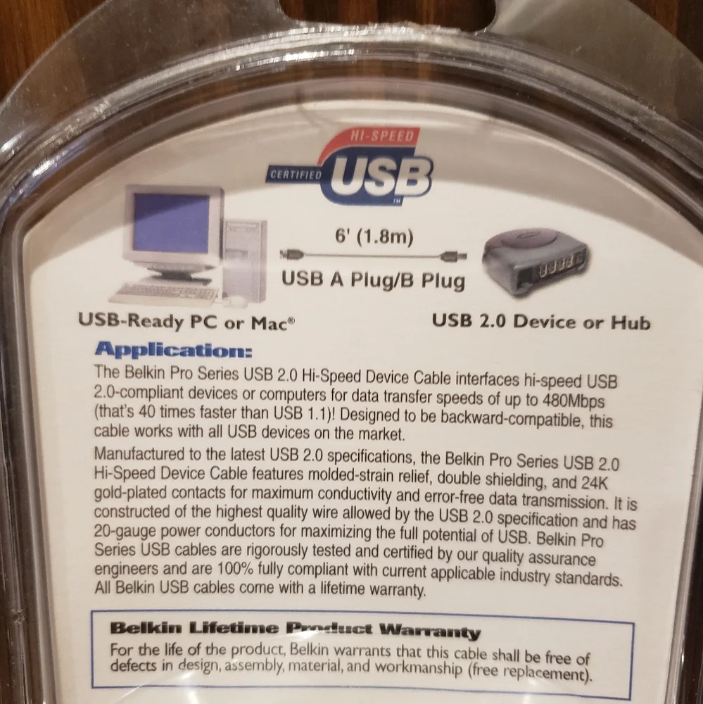BELKIN PRO 6' / 1.8M USB 2 HI SPEED A/B PLUG 480 MBPS USB CABLE MOD # F3U133-06